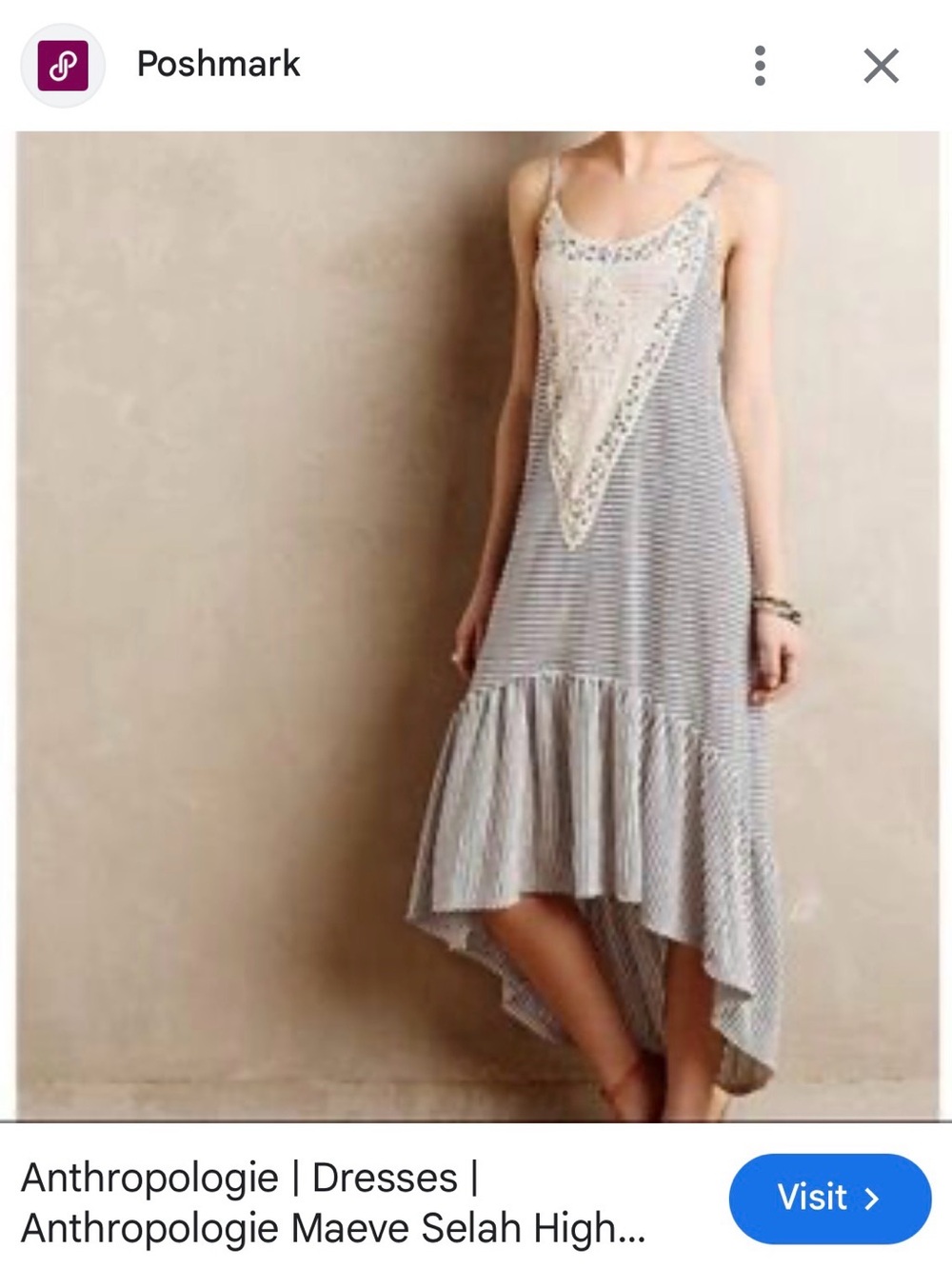 Anthropologie Gray & White Striped High-Low Maxi Dress with Lace Bib